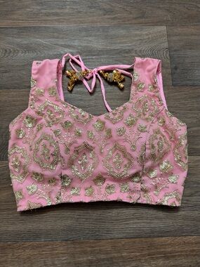 Sari Saree Indian blouse choli crop top tassel tie back embroidered sleeveless